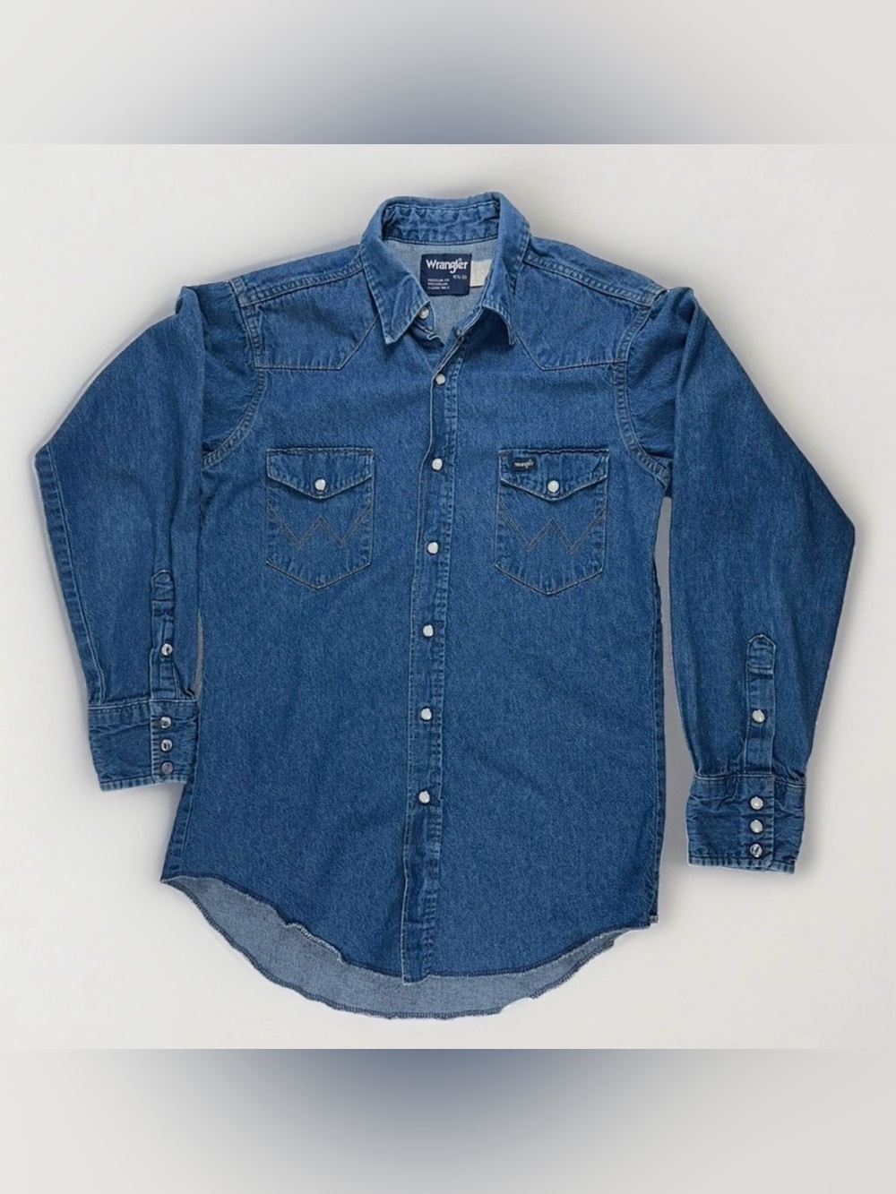 Wrangler Blue Denim Western Pearl Snap Shirt Large 15.5-36 Ranchwear Cowboy